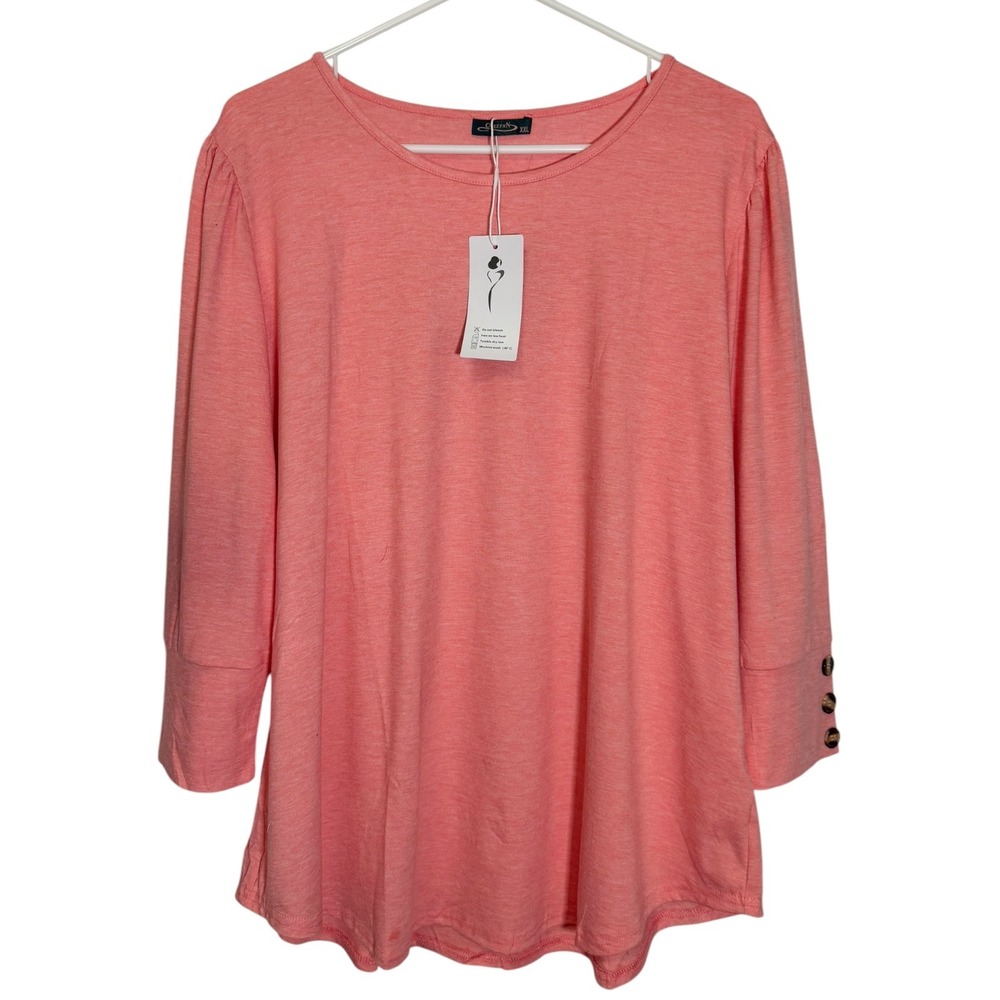 NEW‎ XXL Coral Pink 3/4 Sleeve Button Cuff Top Pleated Shoulder Cottagecore